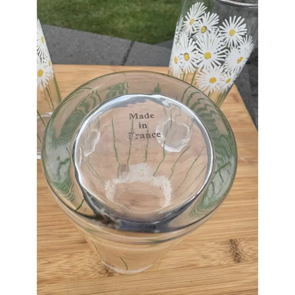 Retro French Daisy Floral Iced Tea Glasses 16oz Made In France